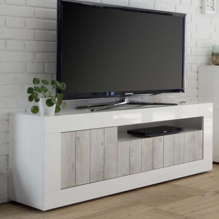 meuble tv blanc laque et couleur pin moderne mabel