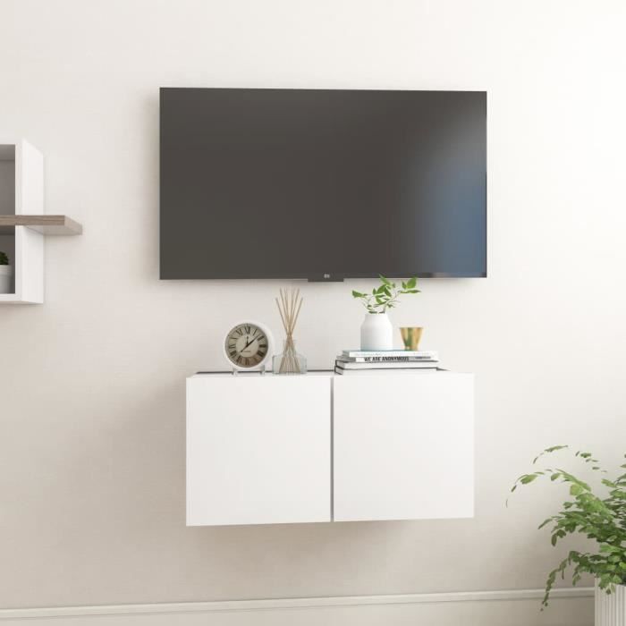Meuble TV suspendu STAR - Banc TV Blanc 60x30x30 cm - Design Contemporain - Laqué