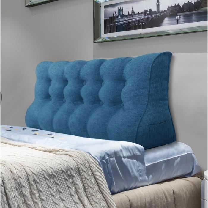 VERCART Coussin de Lecture Coussin de Tête de Lit Coussin à Coins Oreiller de Soutien du Dos Lin Bleu 160CM
