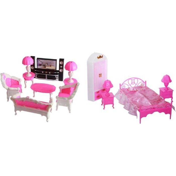 Set 11pcs Meubles Accessoires de Poupées pour Maison Poupées Barbie Jeu d'Immitation Jouets Cadeaux Noël Ensemble Chambre Séjour