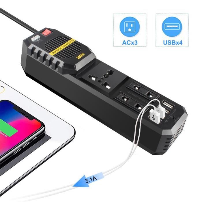Onduleur Voiture 200W Baceyong - Convertisseur 12V Vers 220V Avec 4 Ports USB - Noir Compact