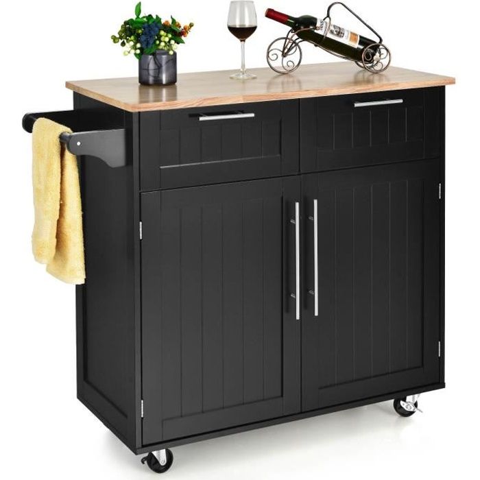 COSTWAY Desserte/Chariot de Cuisine à Roulettes - 94x45x94 5 CM - 2 Tiroirs - 2 Portes - Porte-Serviettes - Ilot de Cuisine - Noir