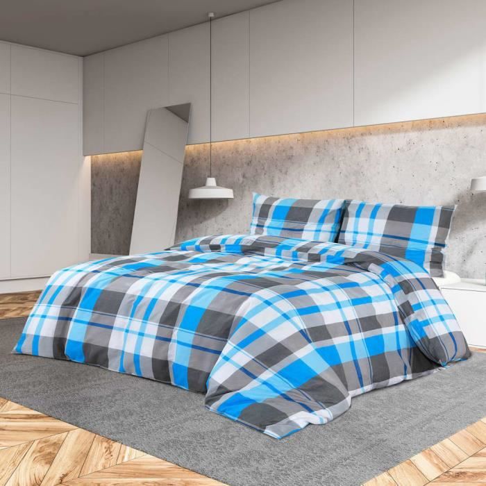 Ensemble de housse de couette Bleu et gris 155x220 cm Coton-S147