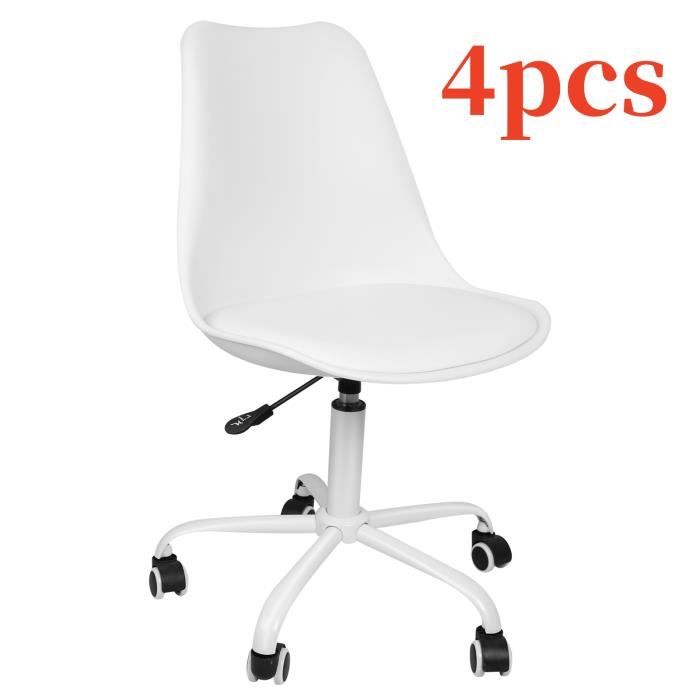 huole-4 x fauteuils de bureau en pp à roulettes blanc - scandinave-moderne - réglable en hauteur 83-95cm