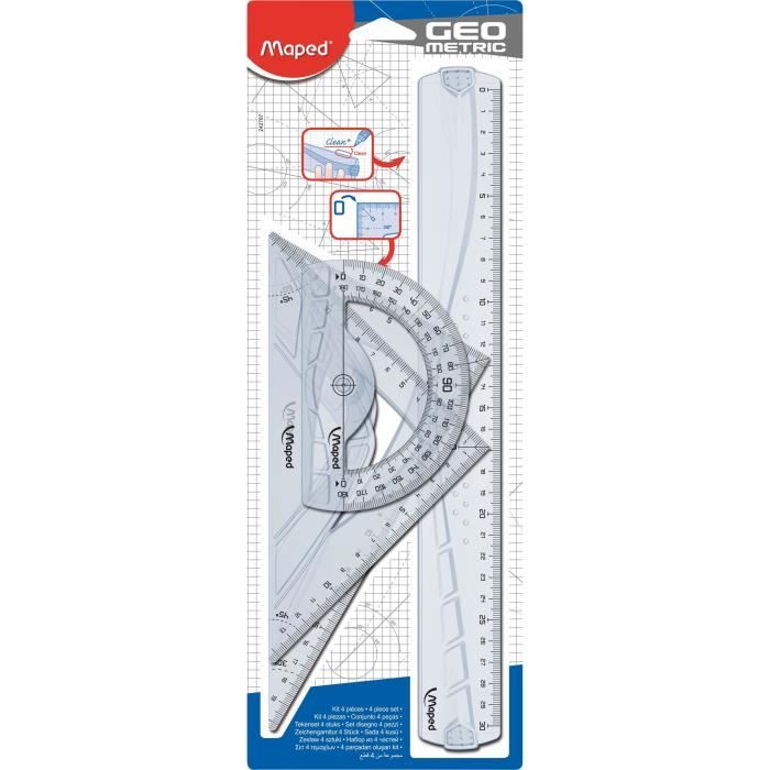 Kit de traçage Geometric - MAPED - Règle, 2 équerres et rapporteur - Nouveau design ergonomique