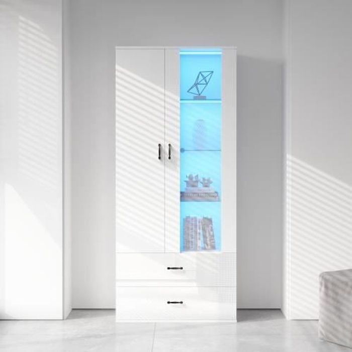 MERAX Vitrine avec éclairage LED 16 couleurs, Porte en verre, Vitrine étagère sur pied armoire de salon, Blanc