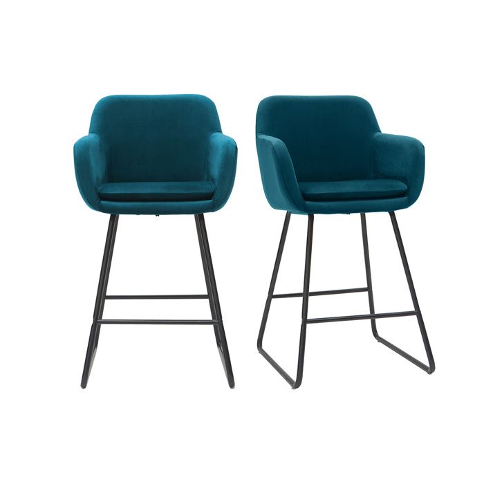 Miliboo - Tabourets de bar en velours bleu pétrole H65 cm (lot de 2) AMIKA