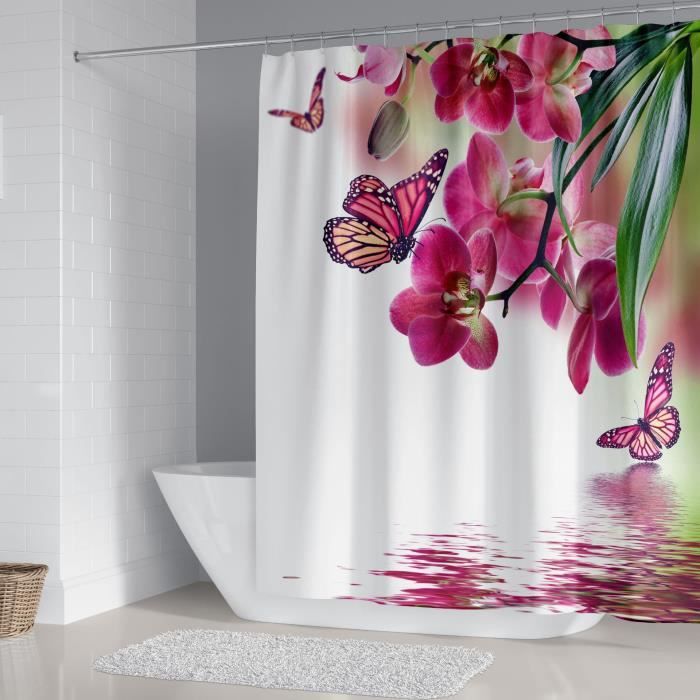 Rideau De Douche Bleu 180x200 Cm – Polyester Imperméable, Motif Fleuri, Avec 12 Anneaux