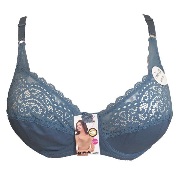 Soutien gorge 100D coton et dentelle bleu lingerie femme grande