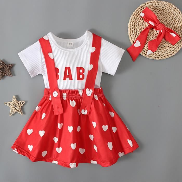 1-5 Ans 3 PCS Ensemble de Vêtements pour Bébé Fille : T-shirt + Jupe Porte-jarretelles Cœur Aimant + Bandeau Cheveux