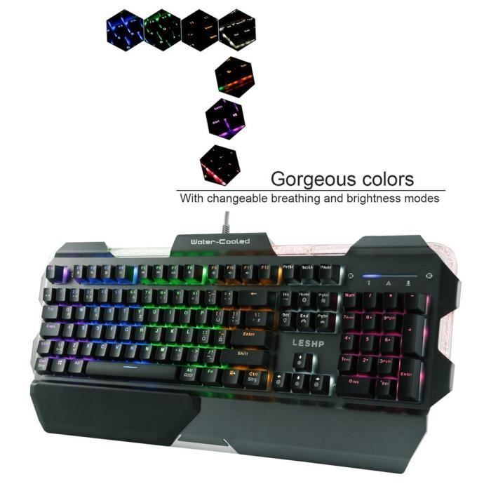 Fdit clavier USB Clavier mécanique 104 touches RGB rétro-éclairage
