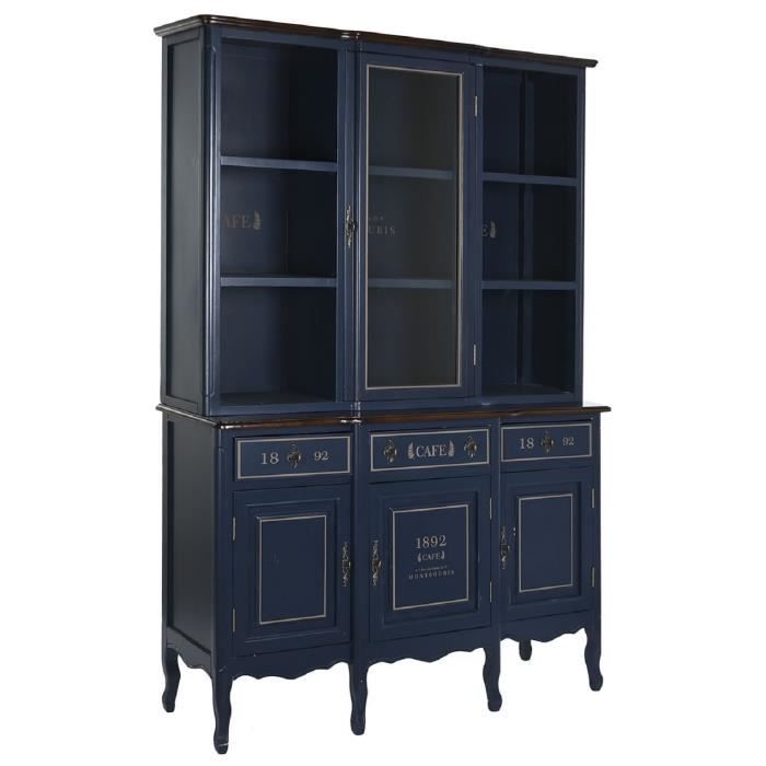 armoire vaisselier - pegane - bois de paulownia-verre - bleu foncé - 3 tiroirs - 4 portes
