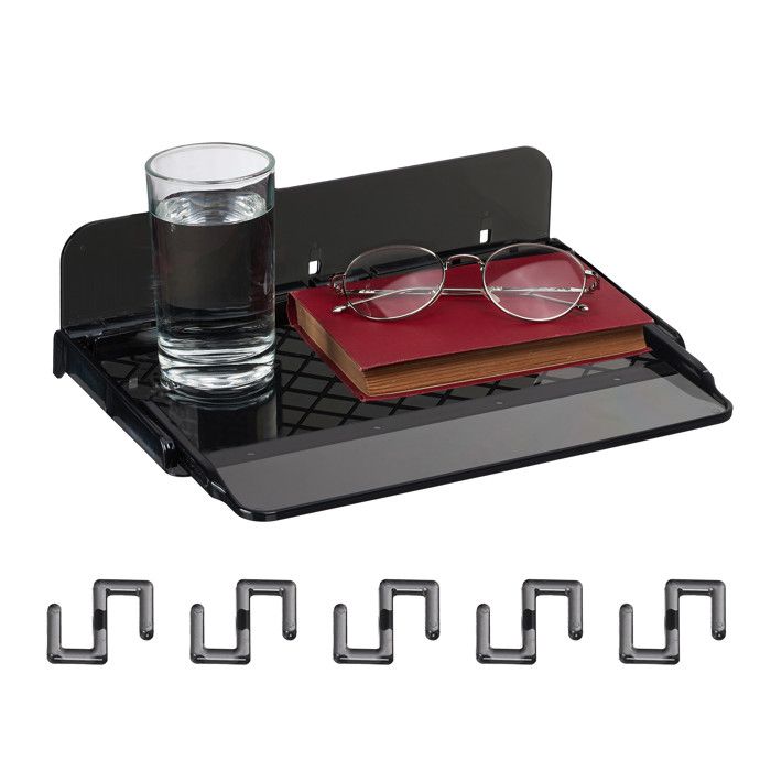 Relaxdays Tablette de lit étagère mezzanine à coller extensible HxLxP: 8 5x30x22 cm table de nuit plastique noir
