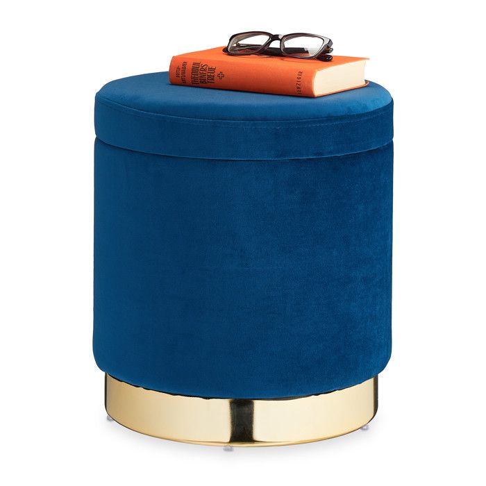 Relaxdays pouf coiffeuse avec espace de rangement rond élégant moderne tabouret velours HxD: 41 5x37 cm bleu/doré