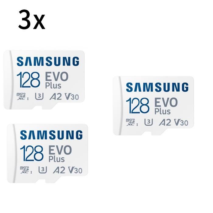3PCS Micro SD SDXC Samsung Carte mémoire Evo Plus 128 Go SDXC U3 Classe 10 A2 130 Mo/s avec Adaptateur
