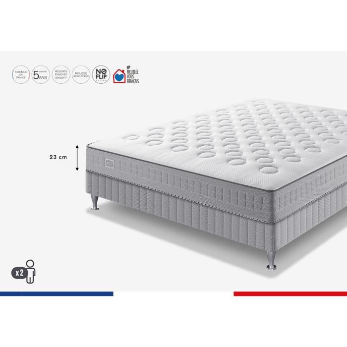 SIMMONS SW1 Ensemble 140 x 200 matelas + sommier - Ep. 23 cm - No Flip - Ressorts ensachés - Ferme - Fabriqué en France