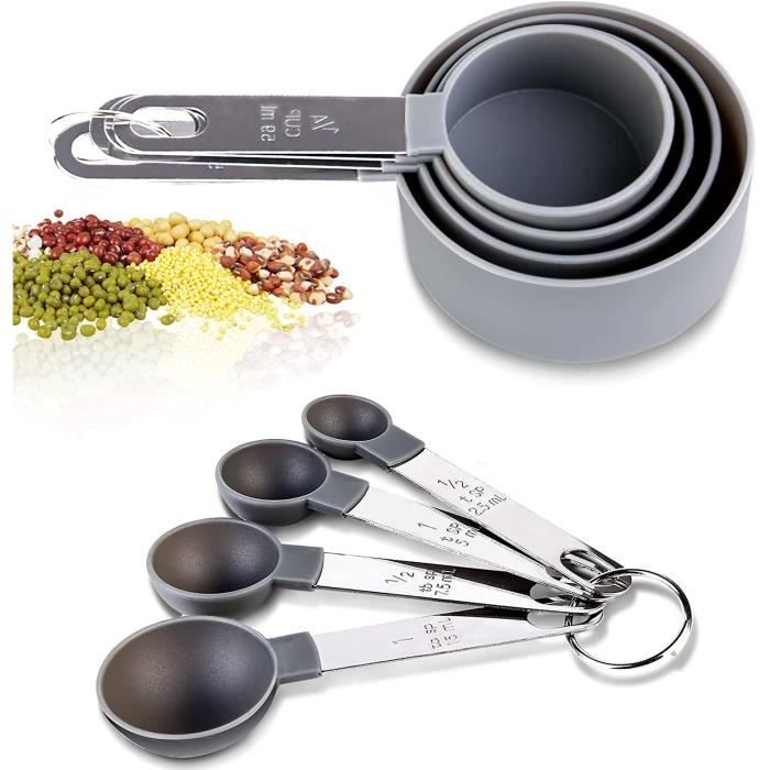 Set De 8 Cuillères Et Tasses Doseuses En Plastique Et Acier Inoxydable - Mesures Solides Et Liquides (Argent)