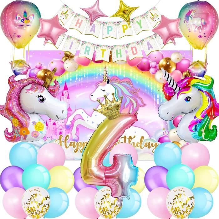 4 ans décoration d'anniversaire pour fille, licorne, ballons pour filles de 4 ans, ballon numéro 4 et papillons, décoration pour fille