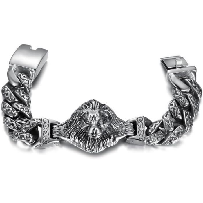 Collier Gothique Homme Tête De Lion Bouclier Onyx Noir - Pendentif Acier Inoxydable Or/Noir/Argent, Chaîne 70 Cm, Style Rock & Punk