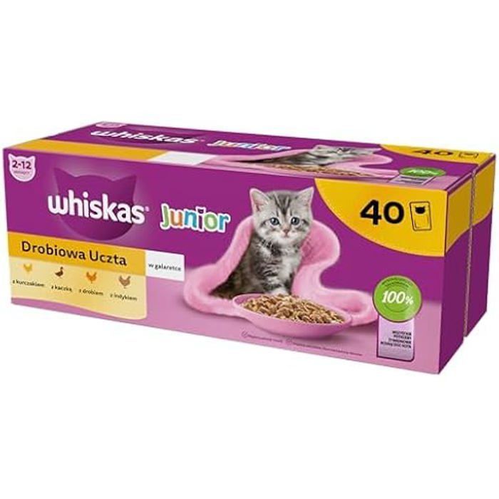 Comparer les prix de Nourriture humide pour chat - WHISKAS - Junior - Volaille - 40 sachets de 85 g - Pâtée de qualité