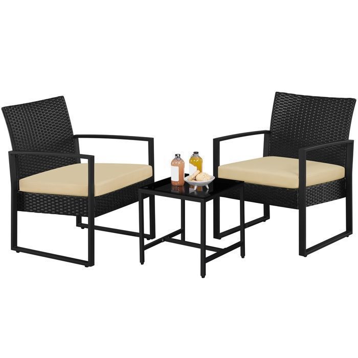 Yaheetech Ensemble Mobilier de Jardin 3 Pièces en Rotin Polyester et Métal 1 Table Basse et 2 Fauteuils Salon de Jardin Noir/Kaki Yaheetech Ensemble Mobilier de Jardin 3 Pièces en Rotin Polyester et Métal 1 Table Basse et 2 Fauteuils Salon de Jardin Noir/Kaki