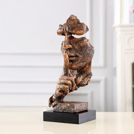 Statuette "Le Silence Est D'or" - Masque Penseur Art Moderne - Couleur Or - 16,5 Cm
