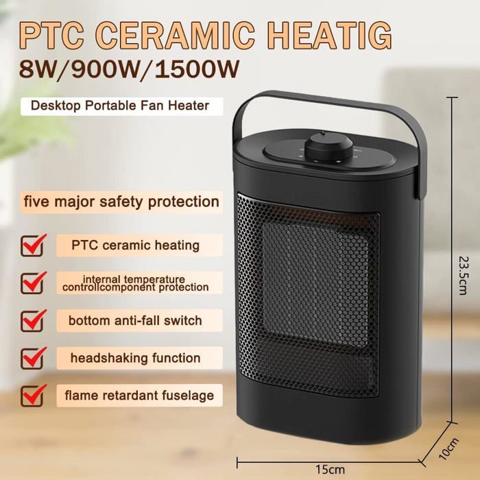 Mini Chauffage D'appoint électrique 1500W – 3 Modes, Télécommande, Classe A