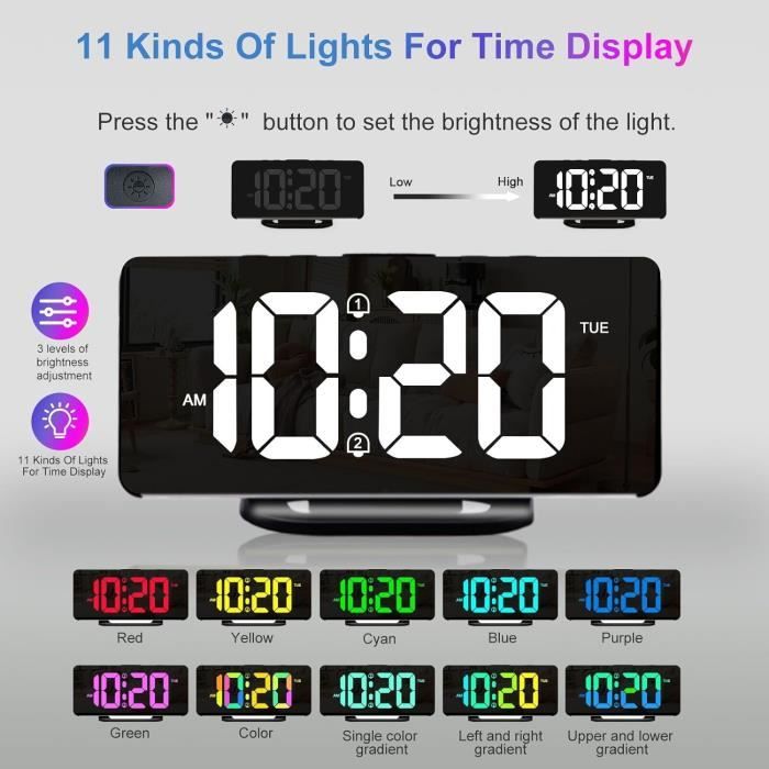 Réveil pour enfants 3 couleurs Night Lights Jour / Nuit Rechargeable, LED  Réveil numérique avec Cu