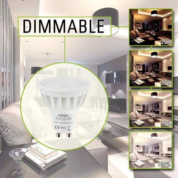 Dimmable Ampoule GU10 LED,5.5W Blanc Naturel 4000K,équivalent 50-60W  Halogène,RA85 600LM 120°Angle de Faisceau,Lot de[S439] - Cdiscount Maison