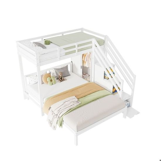 Lit Superposé Enfant Métal Et MDF - 90x200 Cm Haut, 140x200 Cm Bas - Avec Rangement, Barrières, échelle - Blanc