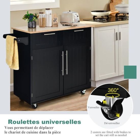 COSTWAY Desserte De Cuisine à Roulettes - Chariot Service Mobile Avec Tiroir, Armoire 2 Portes, Plateau Inférieur Et Porte-Serviettes, Noir