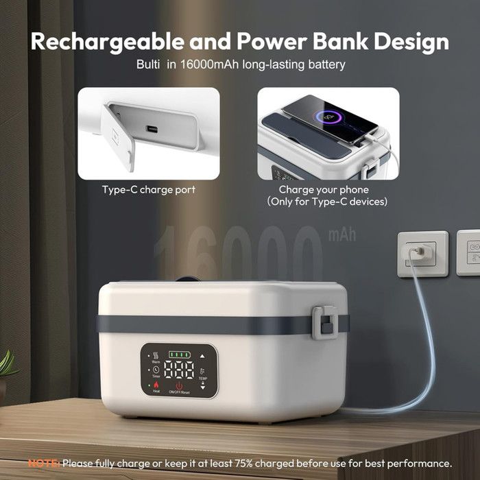 Gamelle Chauffante Sans Fil 1000ml Avec Batterie 16000mAh - Lunch Box Rechargeable USB-C, Minuterie, 6 Températures - 4