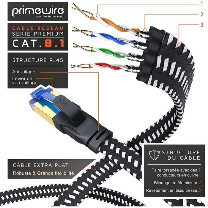 Primewire - 0,5m Câble réseau Cat 7 Plat, Câble Ethernet 50cm