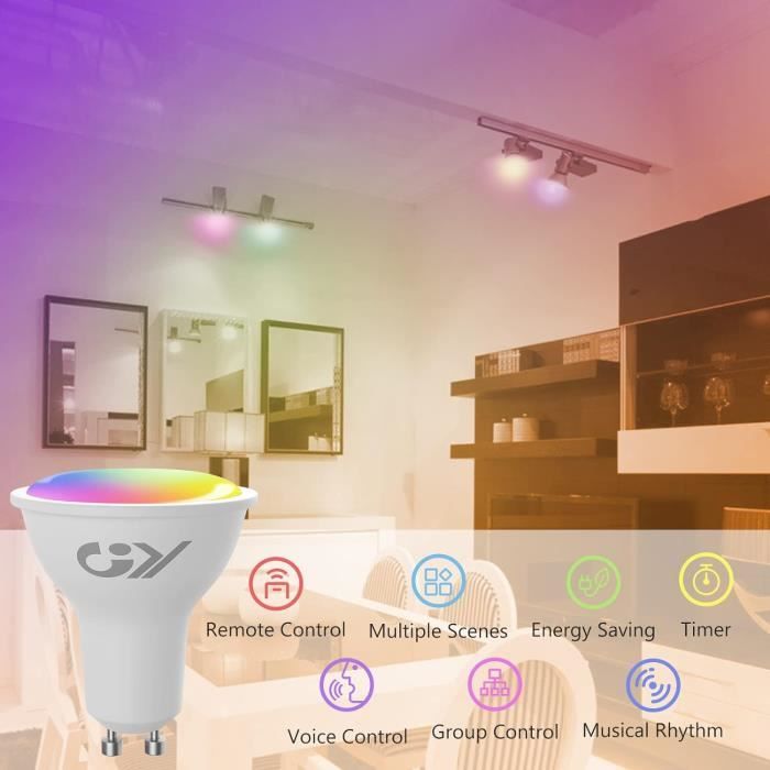 Lot 4 Ampoules GU10 WiFi Intelligentes RGB+CW 5W – Connectées Alexa Google Home, Multicolore Dimmable Musique