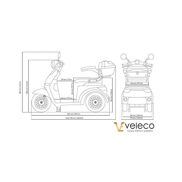 Scooter électrique 3 Roues VELECO CRISTAL - 1000W, Autonomie 40-60km, Pour Seniors Et Adultes