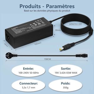 Chargeur et câble d'alimentation PC Deyee 65W Chargeur Adaptateur