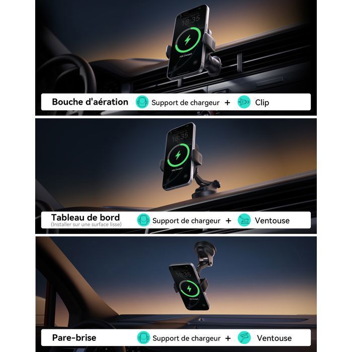 INIU Chargeur Voiture Induction 15W Qi2 MagSafe Certifié – Ventilateur Refroidissement, LED Multicolore, Charge Rapide IPhone 16/15/14/13/12/Pro/Max