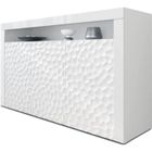 Vladon Buffet Armoire Valencia, Corps en Blanc mat - Façades en Blanc haute brillance Calypso avec une structure 3D fraisée