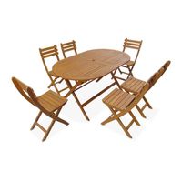 Table de jardin pliable 150cm en bois d'acacia déjà huilé. forme ovale avec 6 chaises pliables 