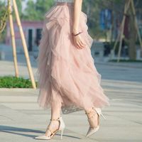 Jupe longue plissée en tulle rose taille haute pour femmes,jupe longue en maille,tutu esthétique,mode coréenne - pink[A20660]