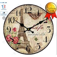 TD® horloge murale en bois Tour Eiffel avec les roses life originale vintage sans couverture, idée decoration murale maison cadeau