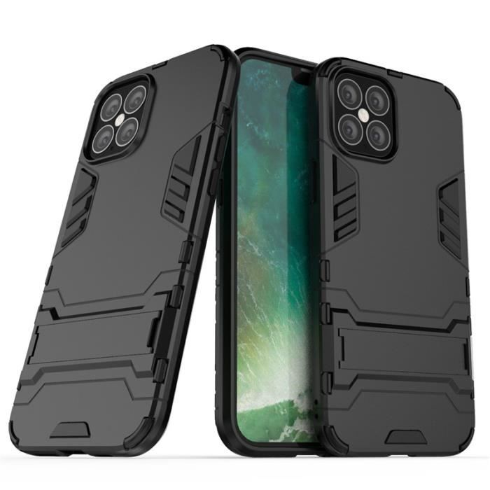 Coque iPhone 12 Pro Max, Antichoc Silicone Support Protection Robuste Double Couche Défense Armure, Noir