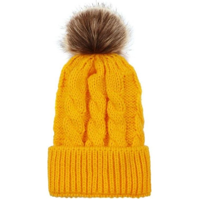 Bonnet tricoté femme en fourrure pompon assorti bonnet de ski en laine d'hiver au crochet Jaune