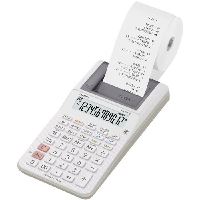 Casio HR-8RCE-WE Calculatrice imprimante blanc Ecran: 12 à pile(s), sur secteur (en option) (l x H x P) 102 x 42 x 209