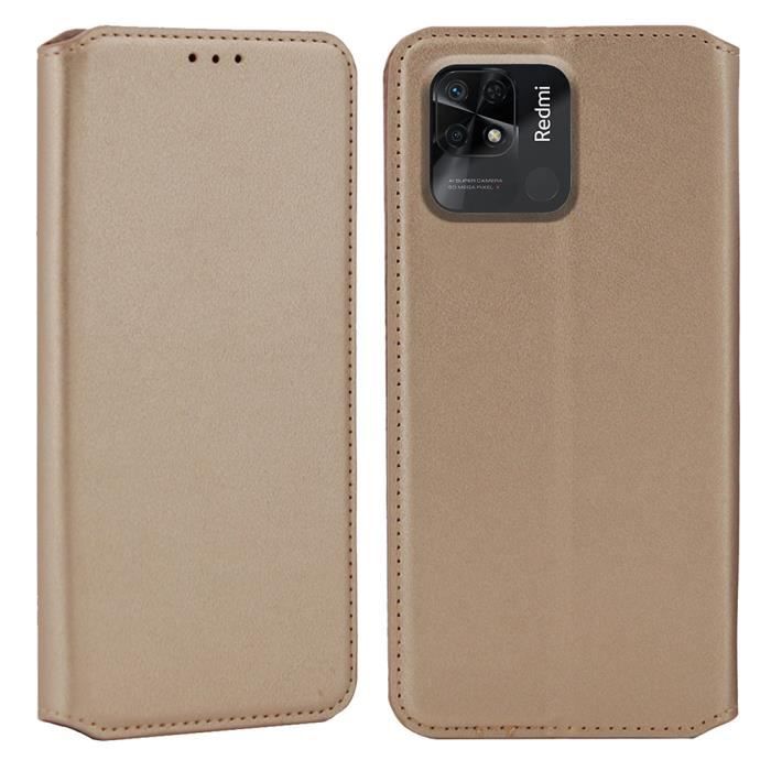 Coque pour Xiaomi Redmi 10C - Portefeuille Cuir - Or