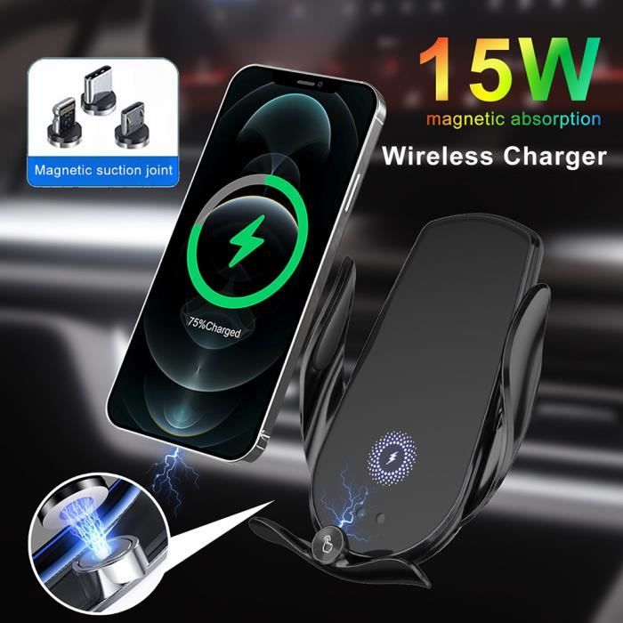 Chargeur de voiture sans fil rapide,Qi Support Téléphone Voiture Rotation à 360° pour Samsung S22S21 20 10 S9, iPhone 14 13 12 11 XS