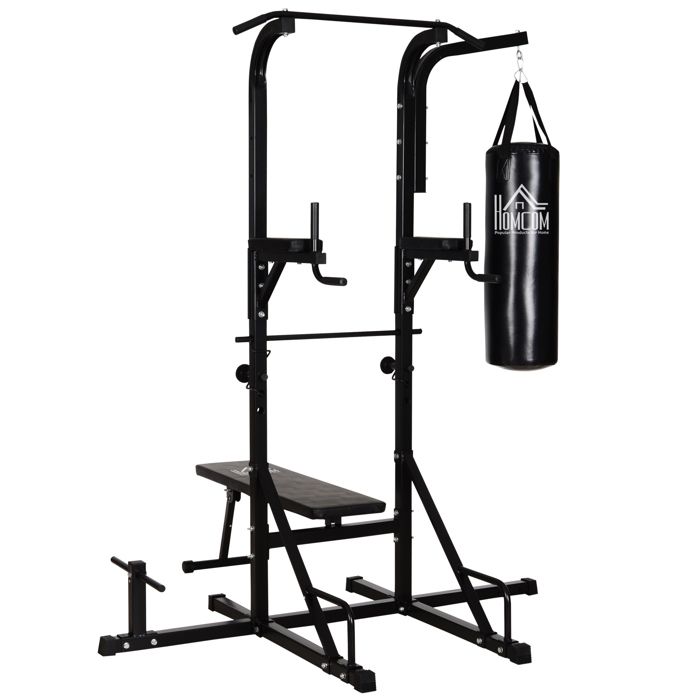 Station de musculation Fitness entrainement complet - barre de traction, à dips, banc de musculation pliable, poignées push-up, sac