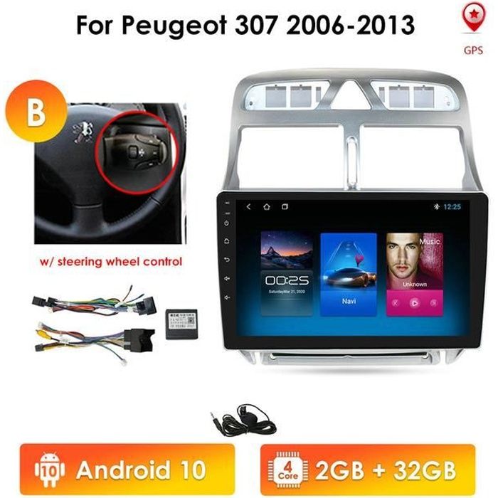 Autoradio 2G + 32G Android 10 pour PEUGEOT 307 307CC 307SW 2006-2013 lecteur vidéo multimédia Navi GPS stéréo 2din WiFi Bluetooth