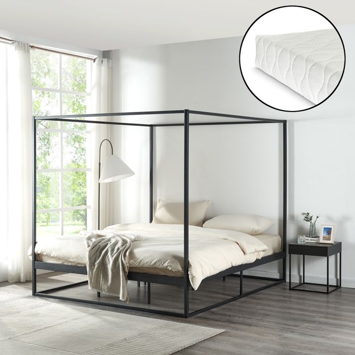 Lit à baldaquin Kristianstad et matelas à mousse froid 180 x 200 cm noir Lit à baldaquin Kristianstad et matelas à mousse froid 180 x 200 cm noir