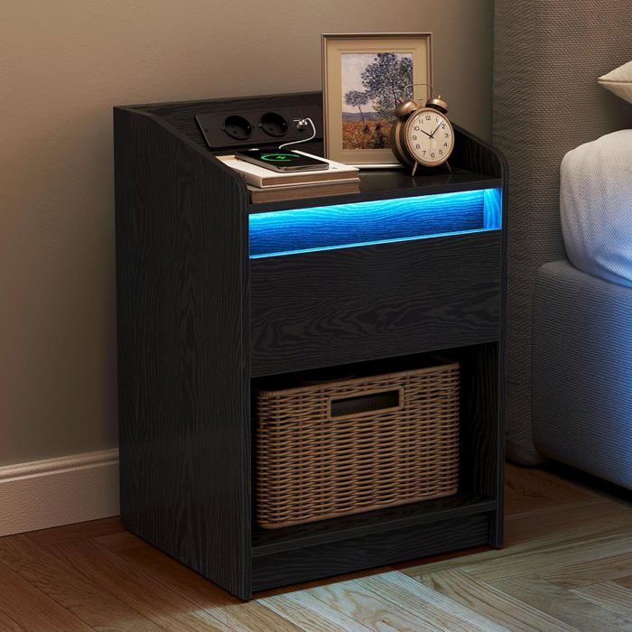 Table de Nuit avec lumière LED Table dappoint avec Station de Charge Rangement Table de Chevet pour Chambre à Coucher Noir